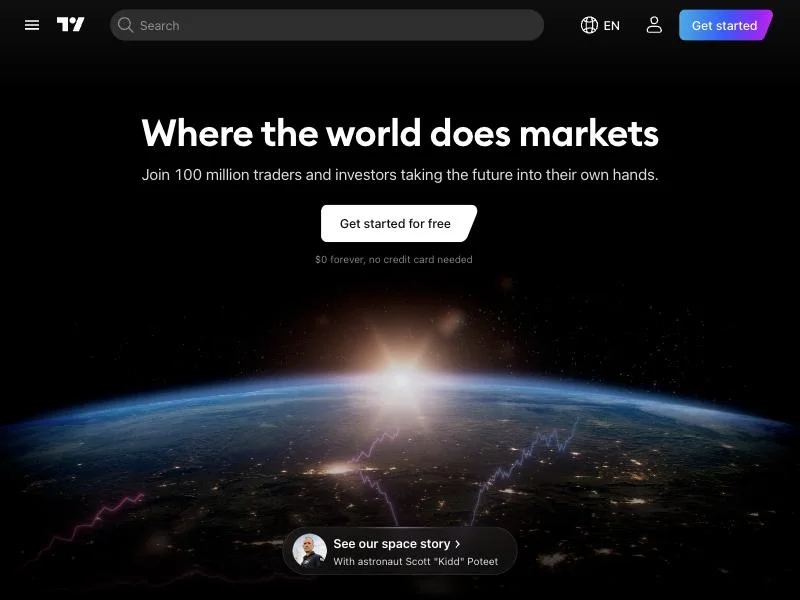 The TradingView home page with a Get started for free button
