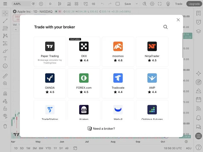 The TradingView panel for picking Paper Trading